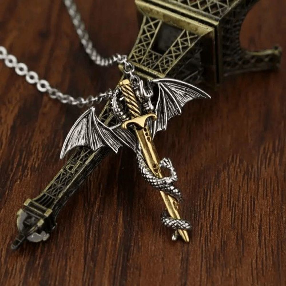 Flying Dragon Golden Sword Stainless Steel Pendant Necklace - Picture 5 of 5